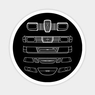 Saab evolution classic cars 1960s-2010s white outline graphic Magnet